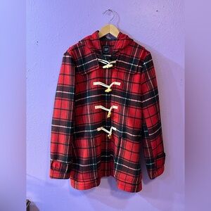 Gap Red and Black Plaid Duffle Coat with Hood NWOT